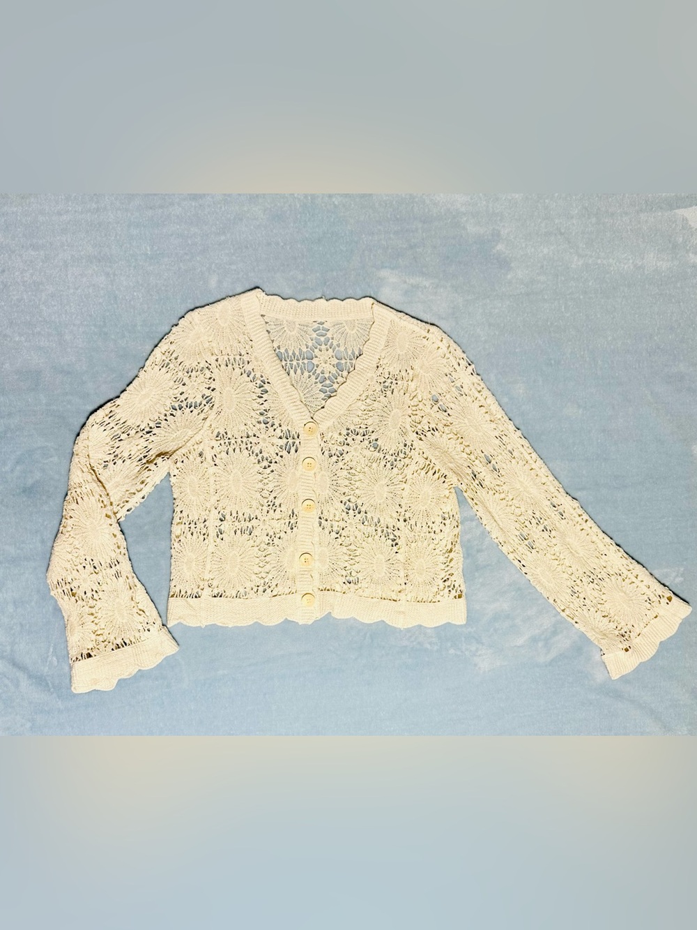 Cream Crochet V-Neck Button Front Cardigan Sweater